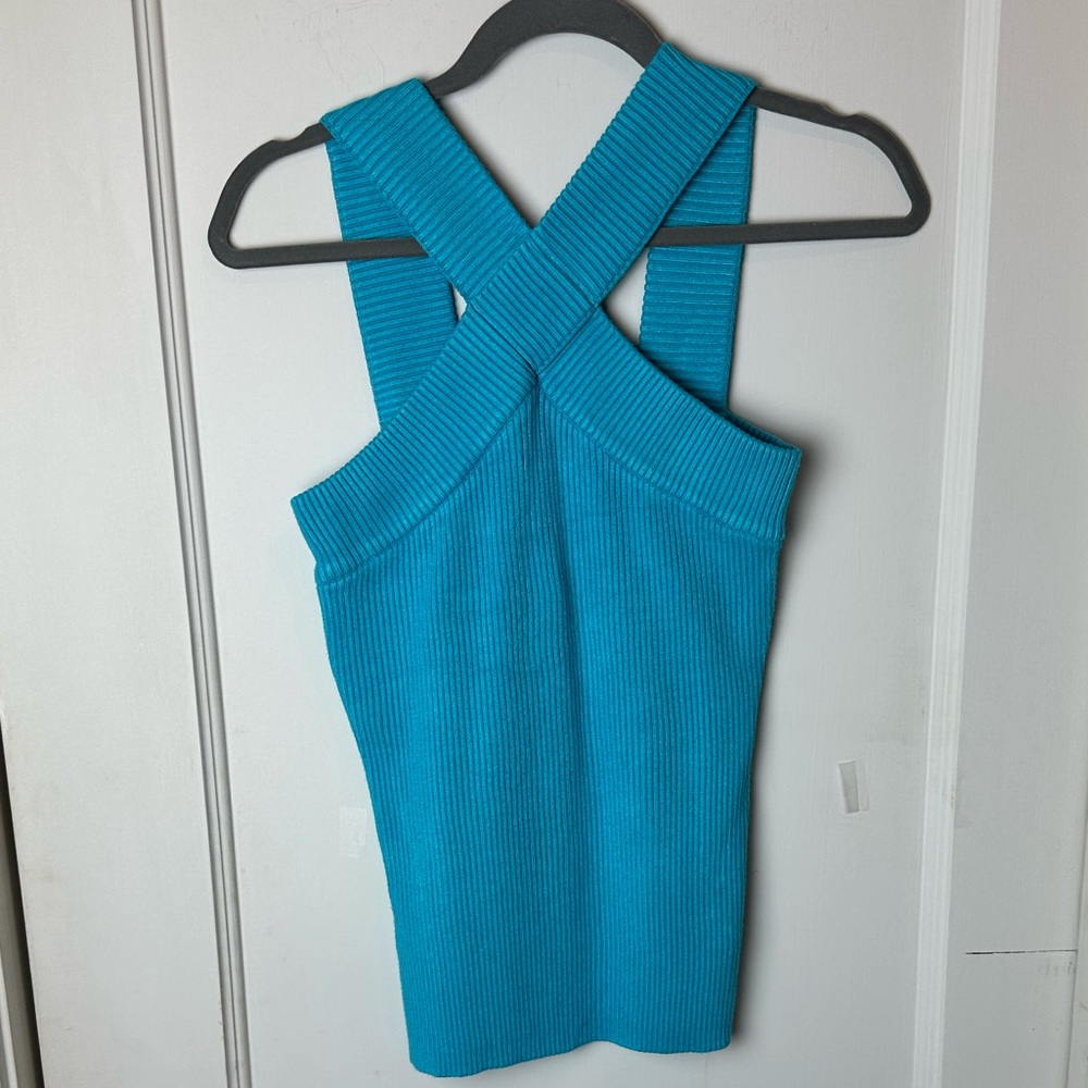 Boston Proper Turquoise Ribbed Criss Cross Top